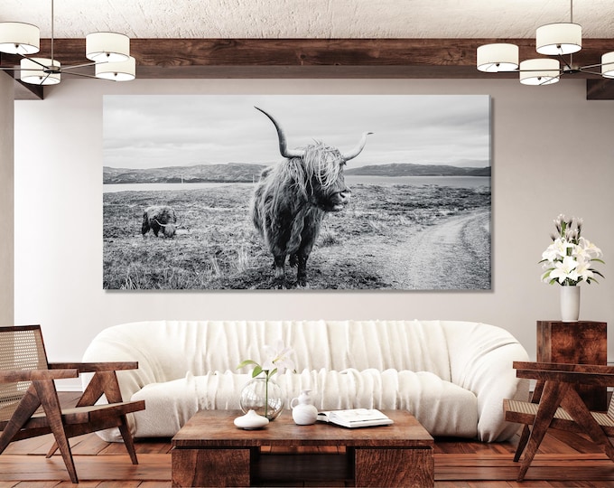 Highland Cow Canvas Print, Black and White Farmhouse Wall Art, Oversized Country Living Decor, Rustic Highland Cattle Artwork for Cozy Space