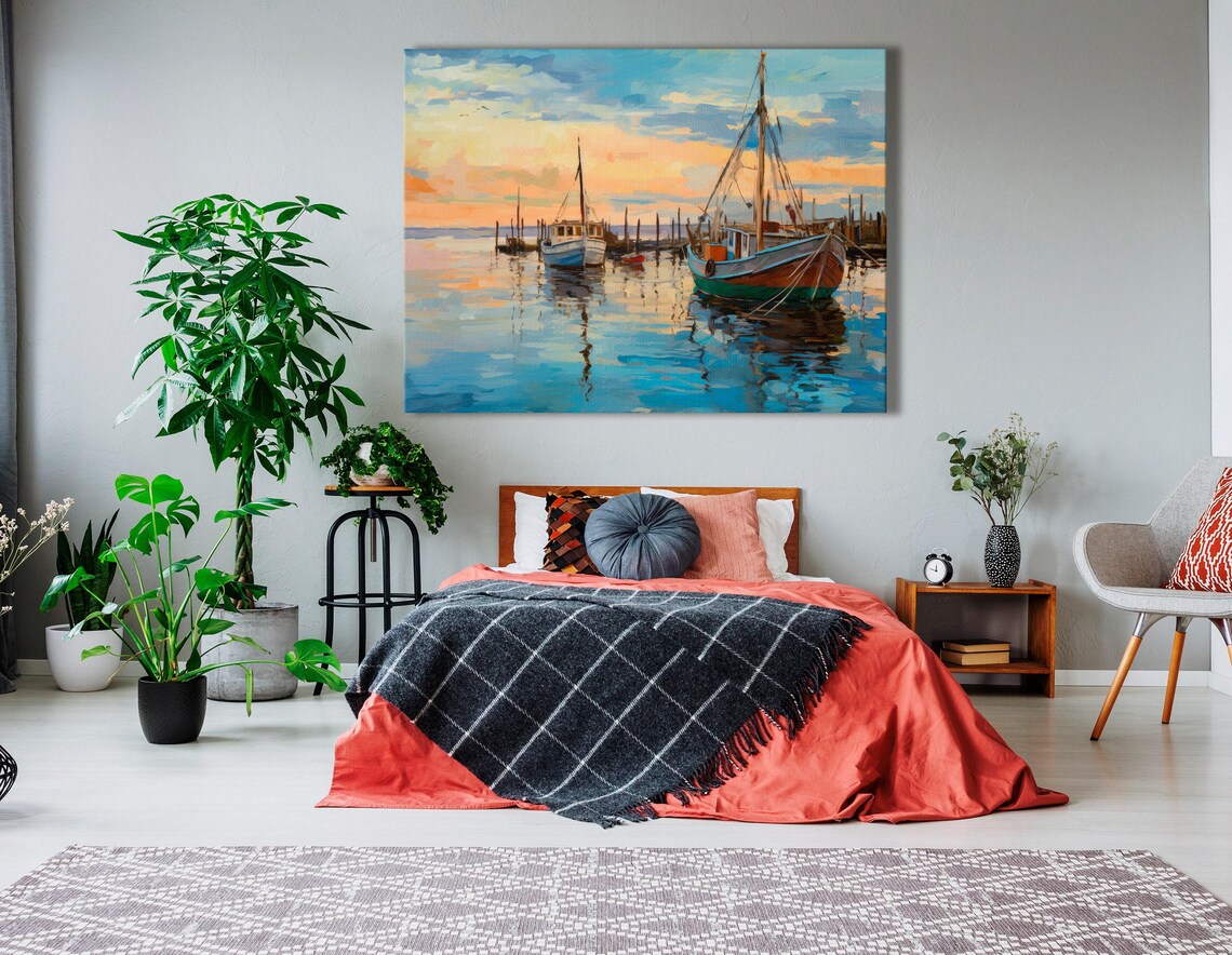 Harbour seascape painting with moored boats, aqua sky and peach sunset clouds, and reflective water ripples detail view