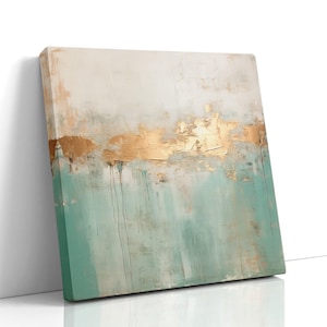 Tela astratta verde acqua e oro - Arte verde menta testurizzata, dipinto con orizzonte metallico, arredamento costiero moderno per soggiorno, regalo di inaugurazione della casa