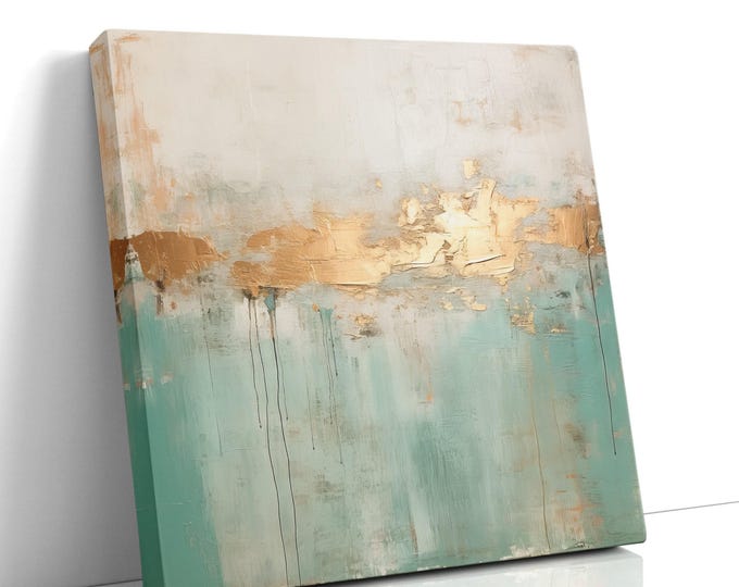 Teal & Gold Abstract Canvas – Textured Mint Green Art, Metallic Horizon Painting, Modern Coastal Decor for Living Room, Housewarming Gift