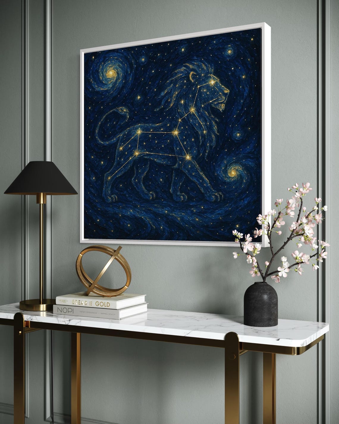 Artwork of a gold constellation lion head in a deep navy starry background above a sideboard