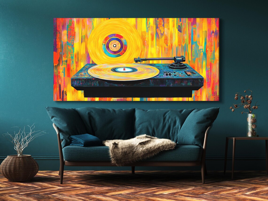 Bright abstract turntable with a spinning vinyl record, vertical paint streaks, and vivid yellow orange teal colours detail view
