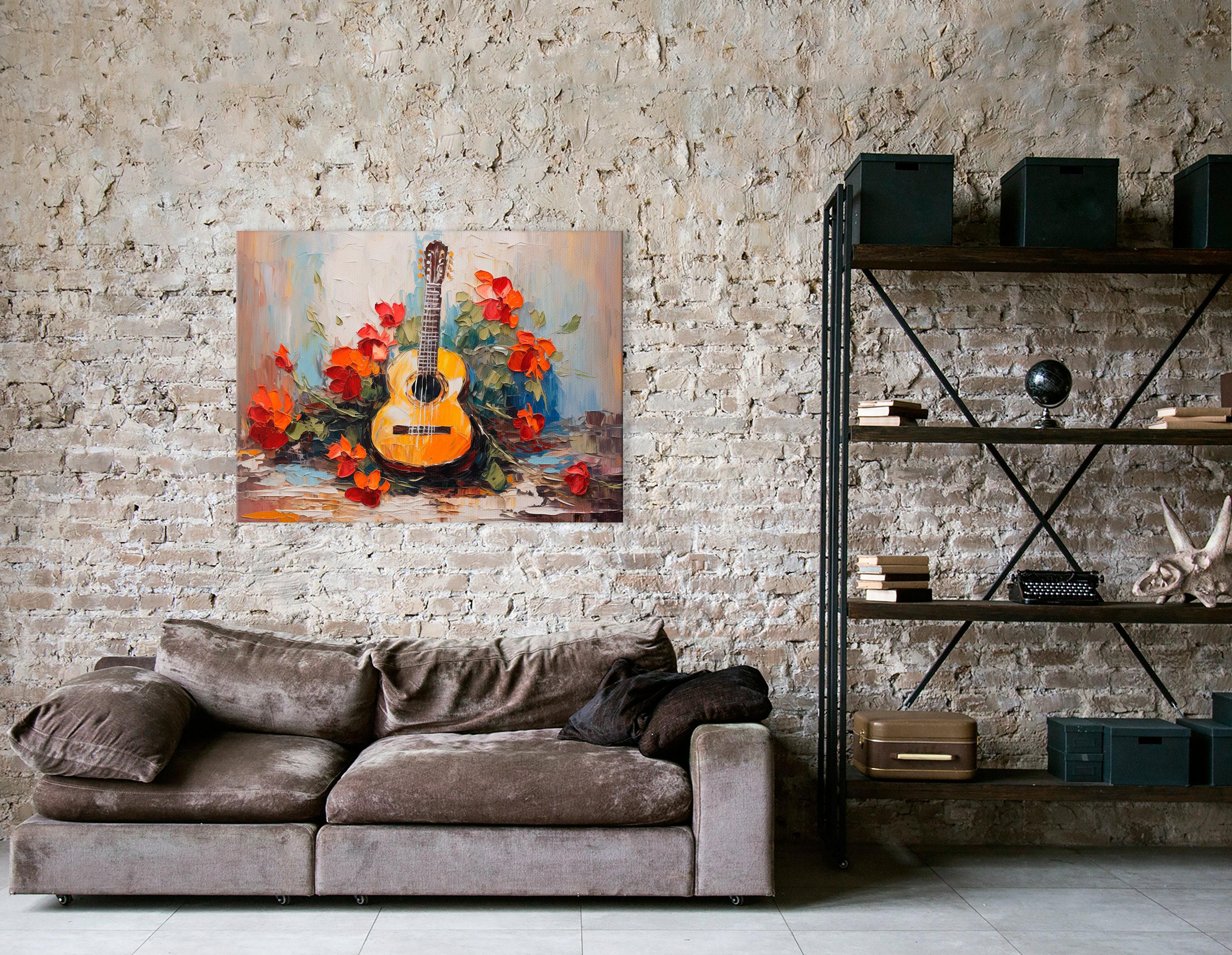 A textured guitar illustration is surrounded by vivid red orange flowers and green leaves on a light, painterly background with layered impasto marks
