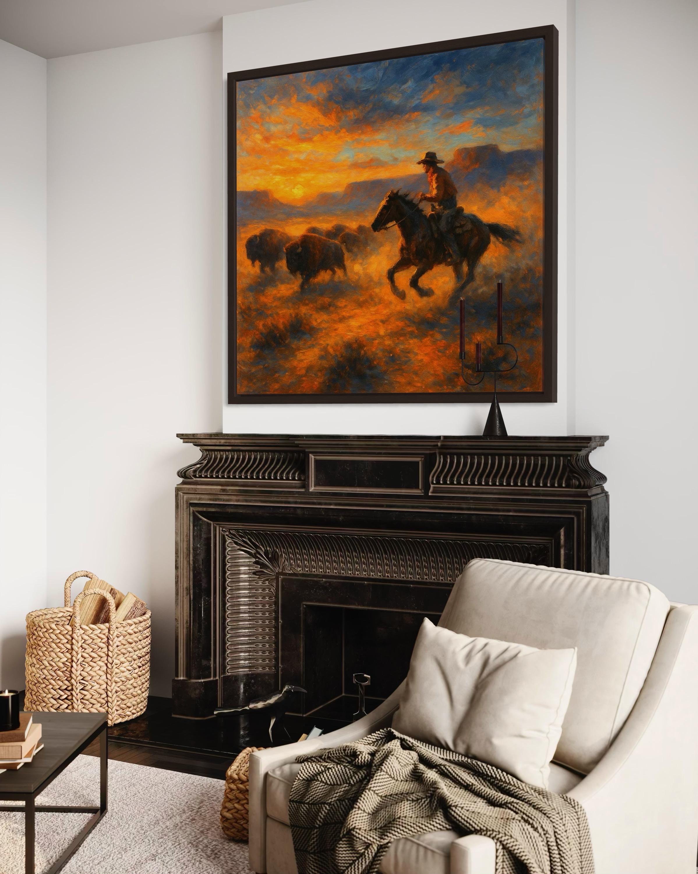 Western sunset painting showing a rider on horseback herding a buffalo herd across an orange and blue sky detail view