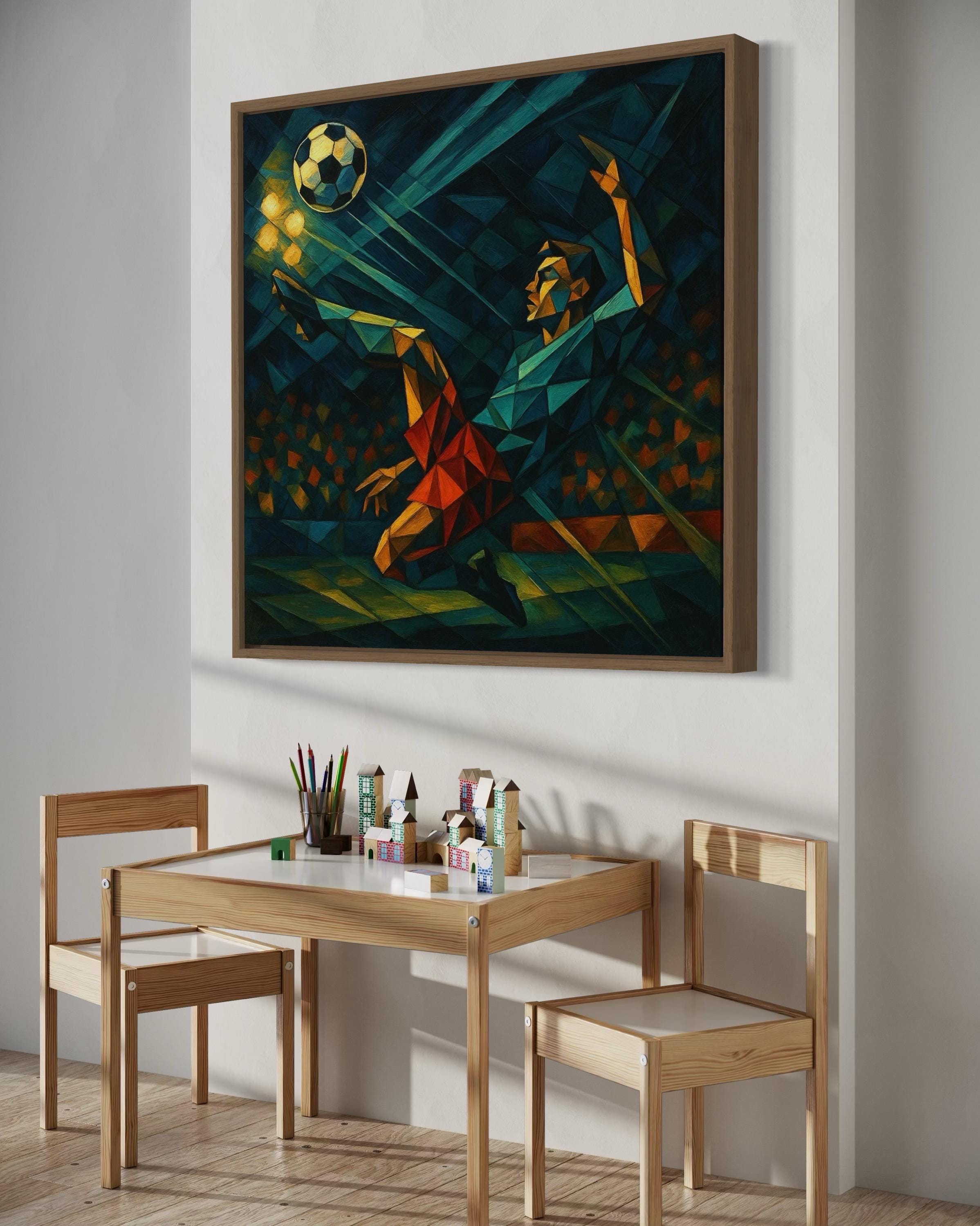 Artwork of geometric low-poly soccer scene hung on a wall above a bench and chair