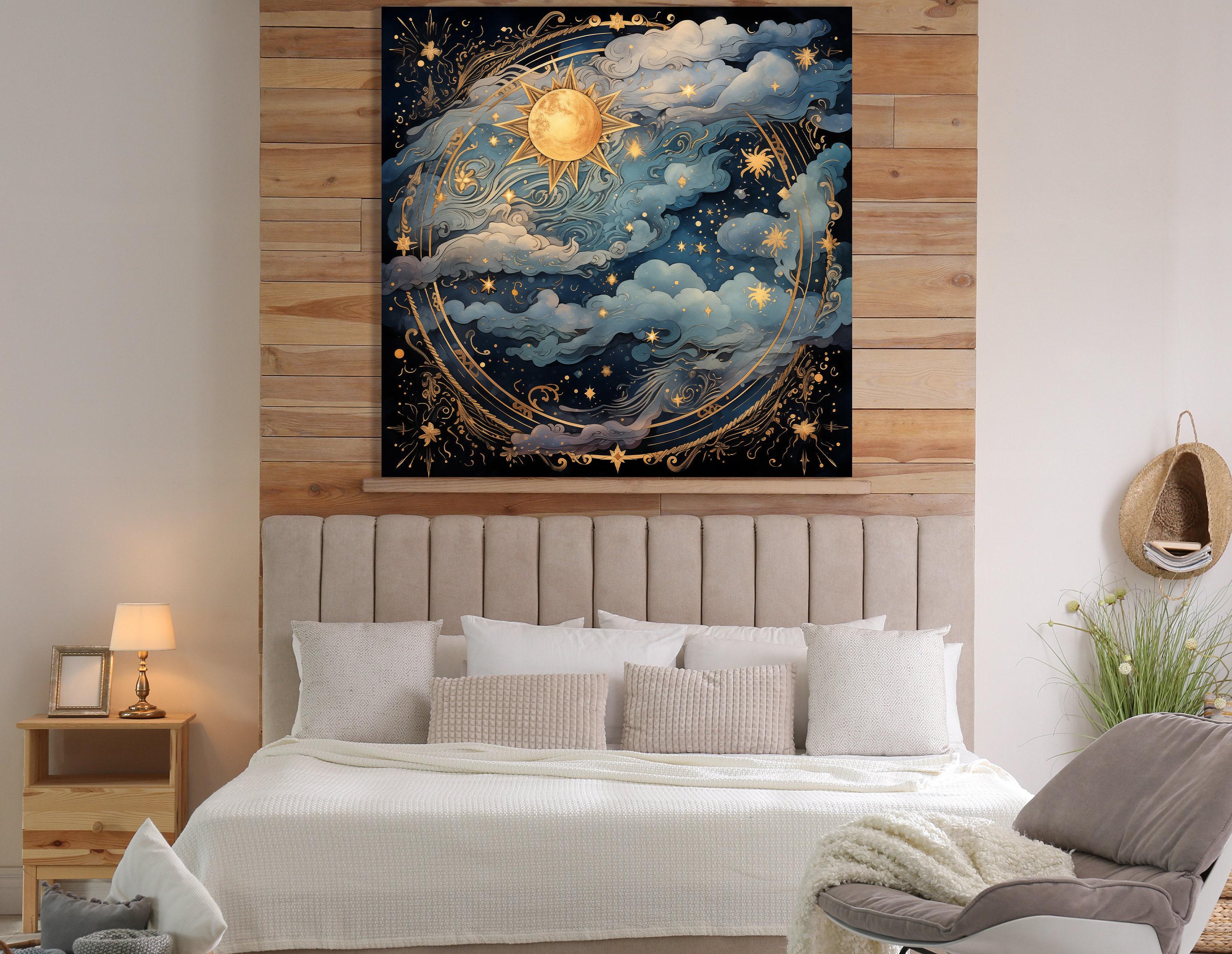 Celestial sun and moon scene with swirling clouds, stars, and gold filigree on a dark navy background detail view
