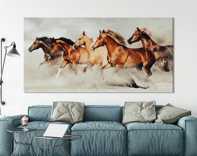 Horses  Wall Art - Extra Large Wild Running  Horse Wall Art - Galloping Horses Canvas Print for Living Room or Office Decor