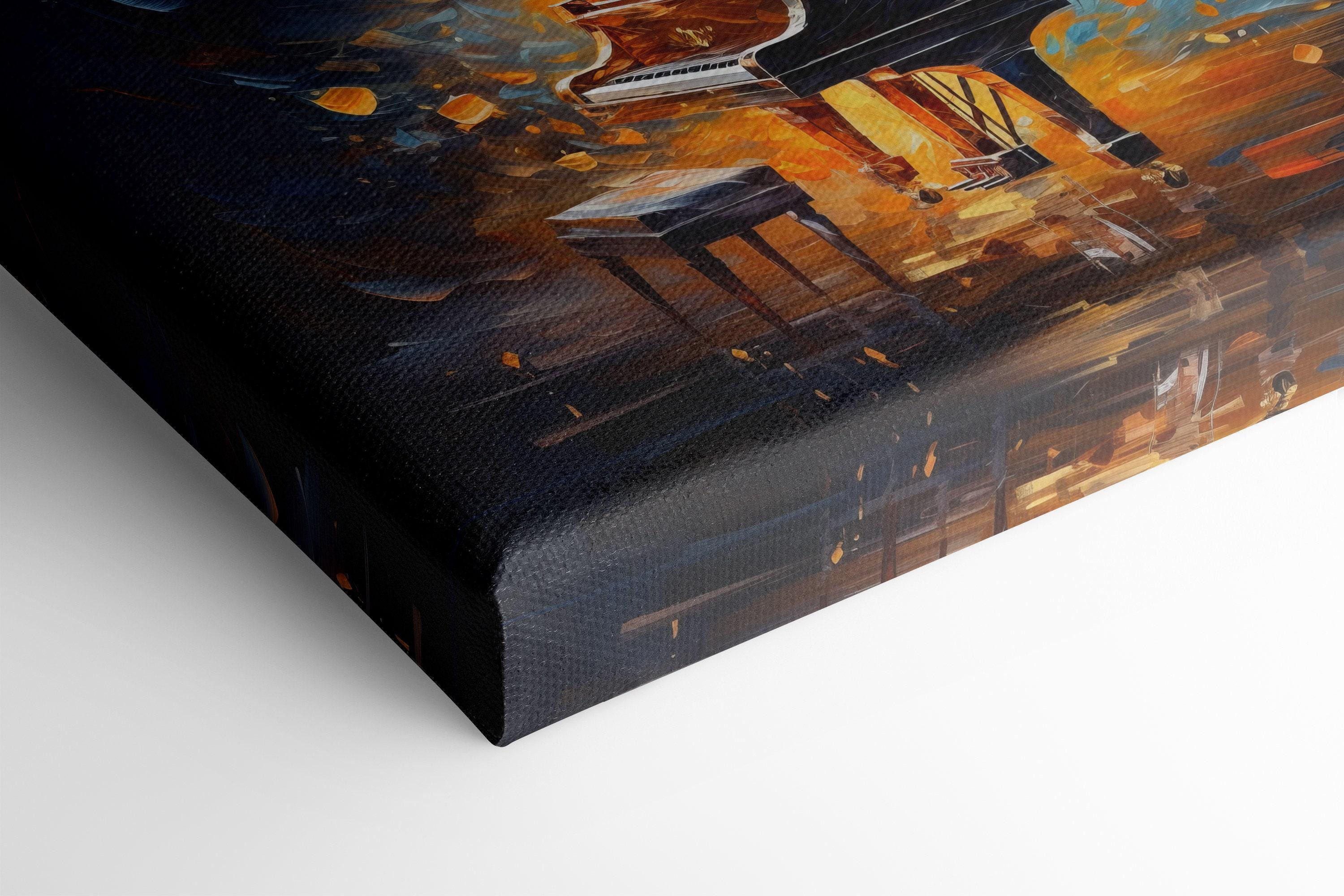 Dramatic grand piano artwork with amber glow and midnight blue flying fragments detail view