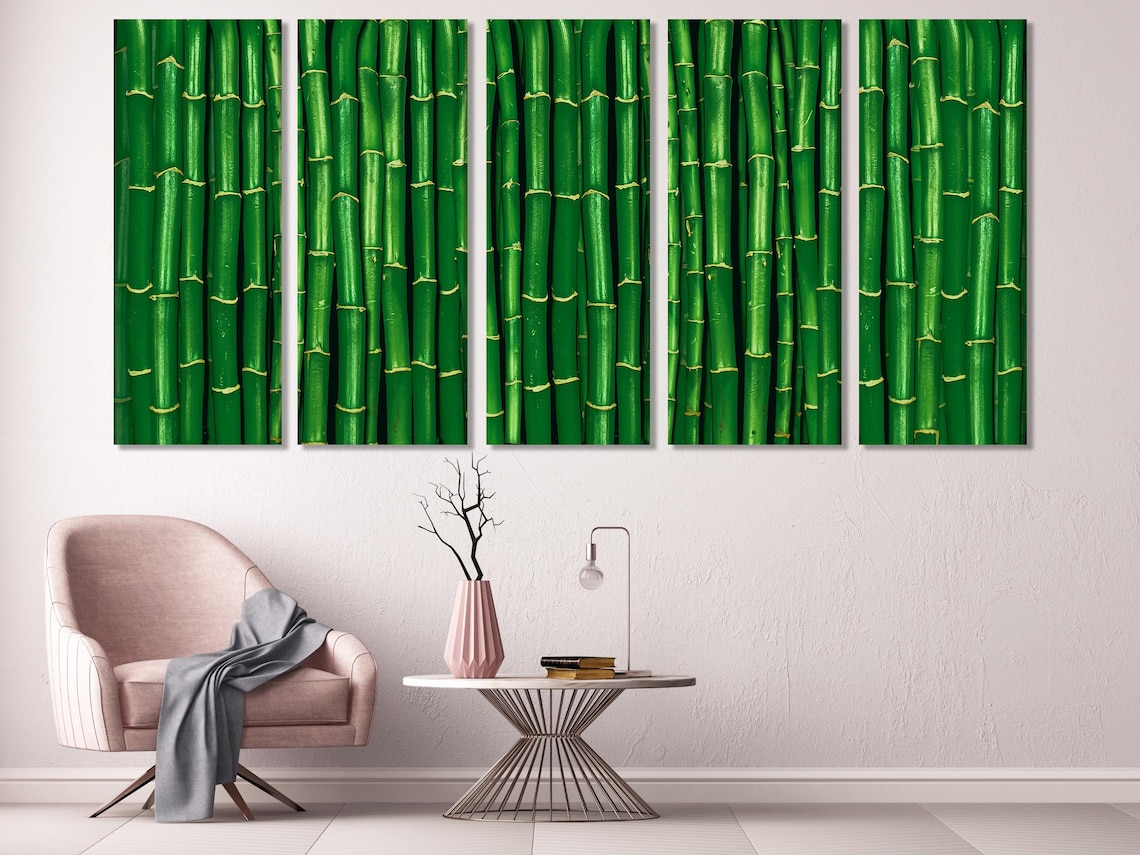 Room mockup showing a bamboo triptych artwork with green and gold accents above a sofa