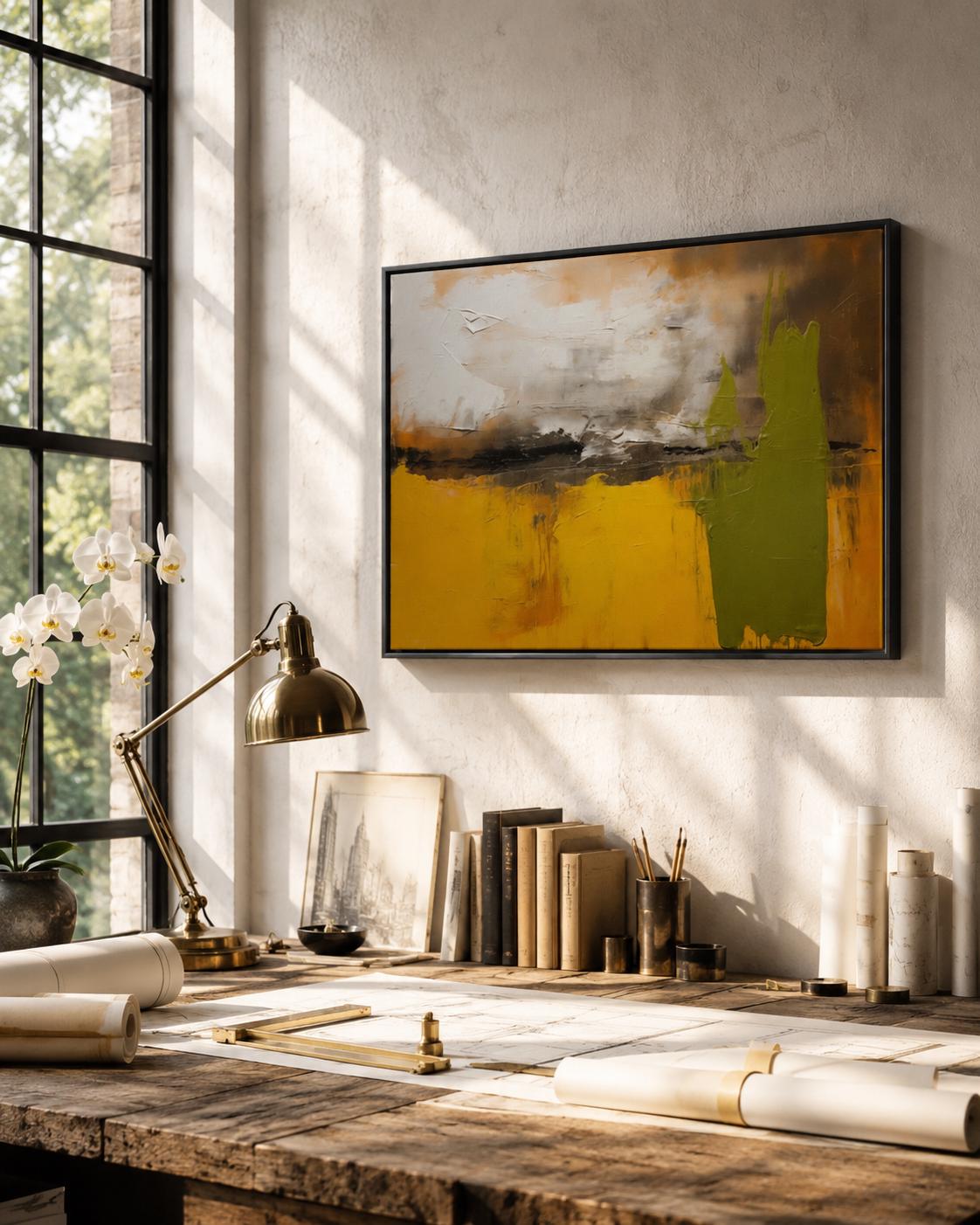 Abstract painting in mustard yellow, olive green, cream and dark charcoal with textured brush marks detail view