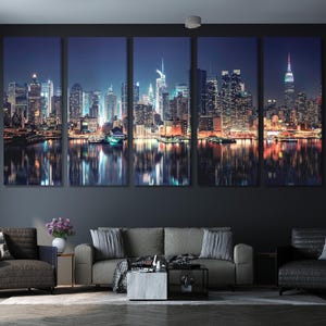 New York City Skyline Leinwanddruck, Manhattan Nachtlandschaft Wandkunst, Große Stadtlandschaft, NYC Wolkenkratzer Nacht Kunstwerk, Modernes Büro Dekor