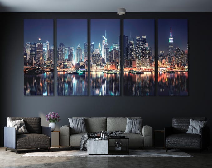 New York City Skyline Canvas Print, Manhattan Nightscape Wall Art, Large Urban Landscape, NYC Skyscrapers Night Artwork, Modern Office Decor