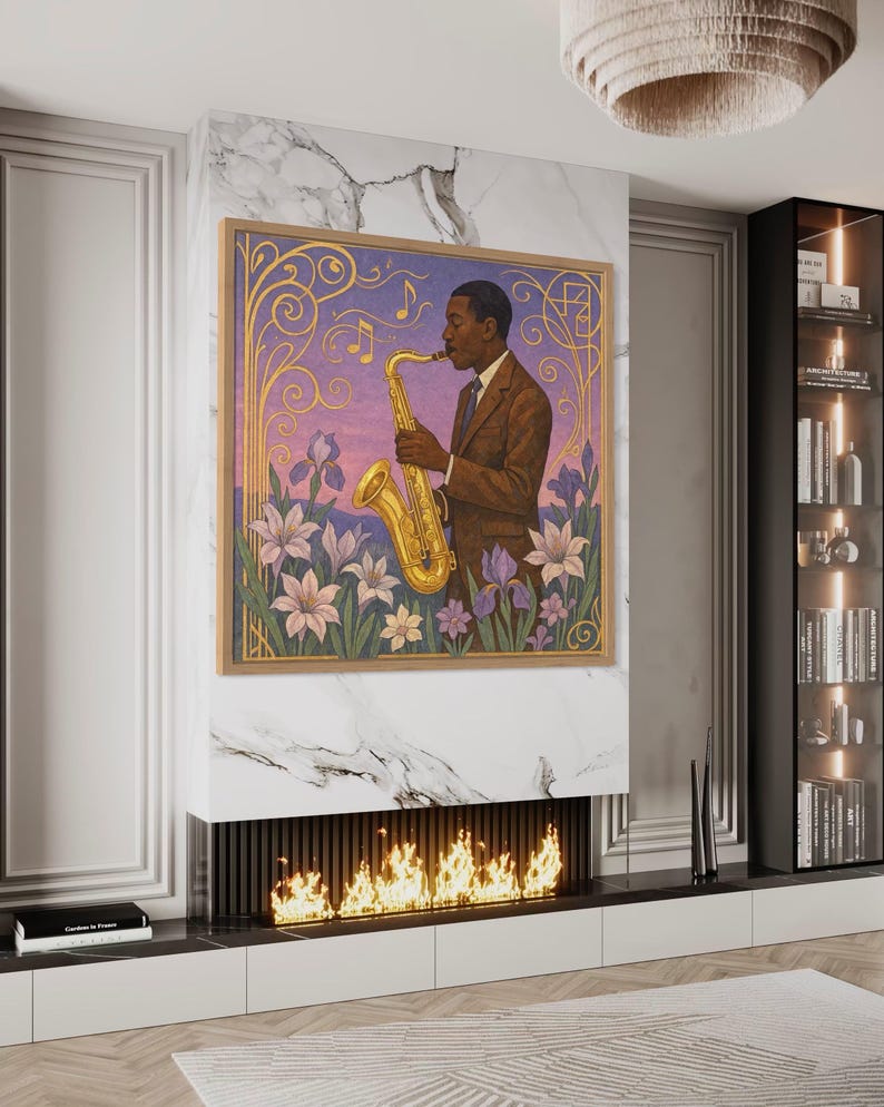 Art nouveau illustration of a saxophonist playing a gold saxophone with purple flowers and musical notes on a purple background