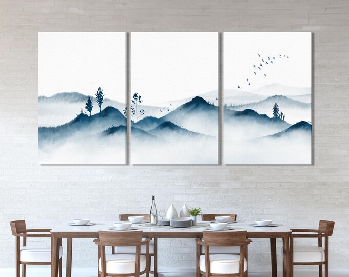Minimalist Mountain Wall Art, Blue Mountain Canvas Art, 3-Panel Oriental Ink Artwork, Nature-Inspired Painting for Home or Office Wall Decor
