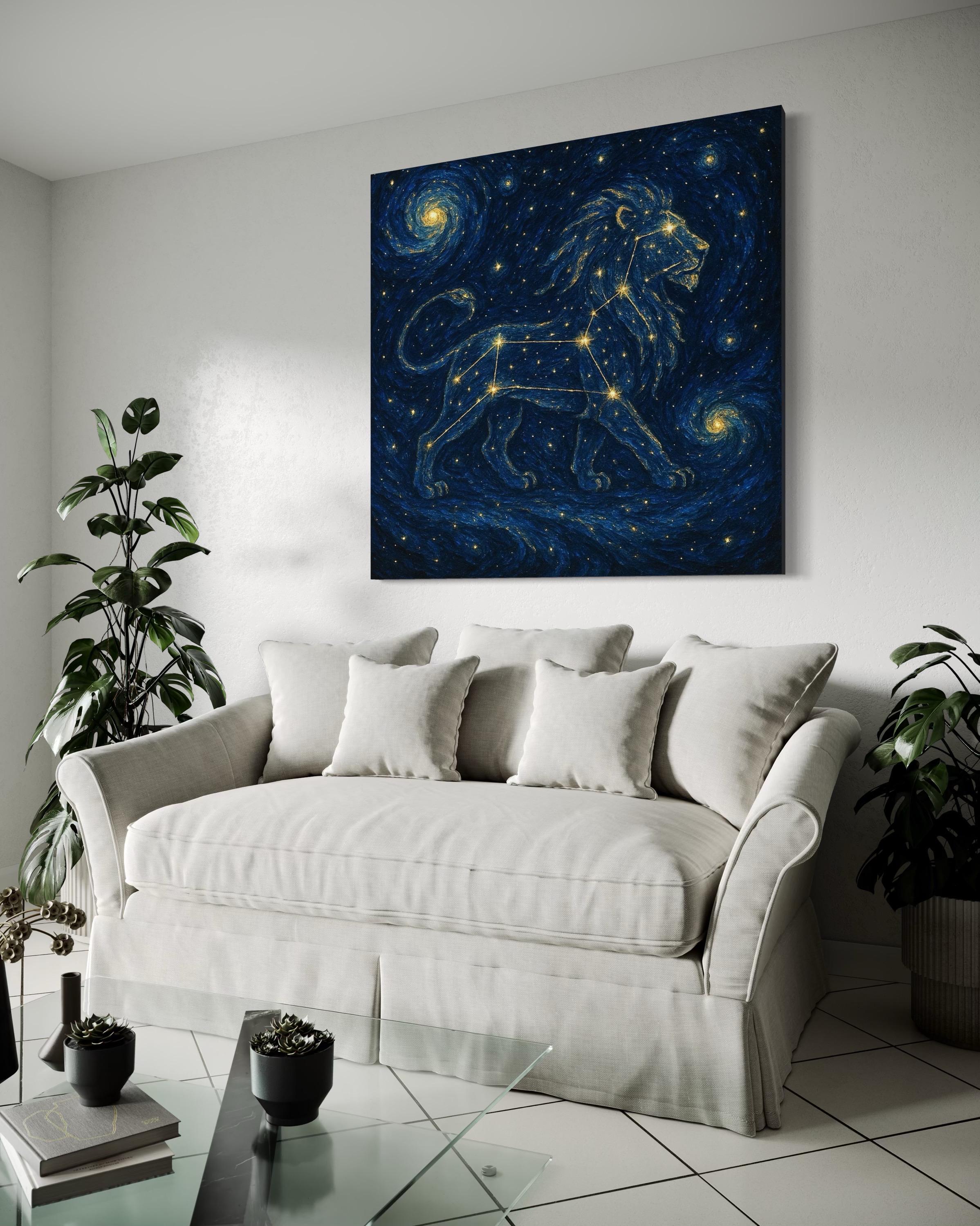 Artwork of a gold constellation lion head in a deep navy starry background above a sideboard