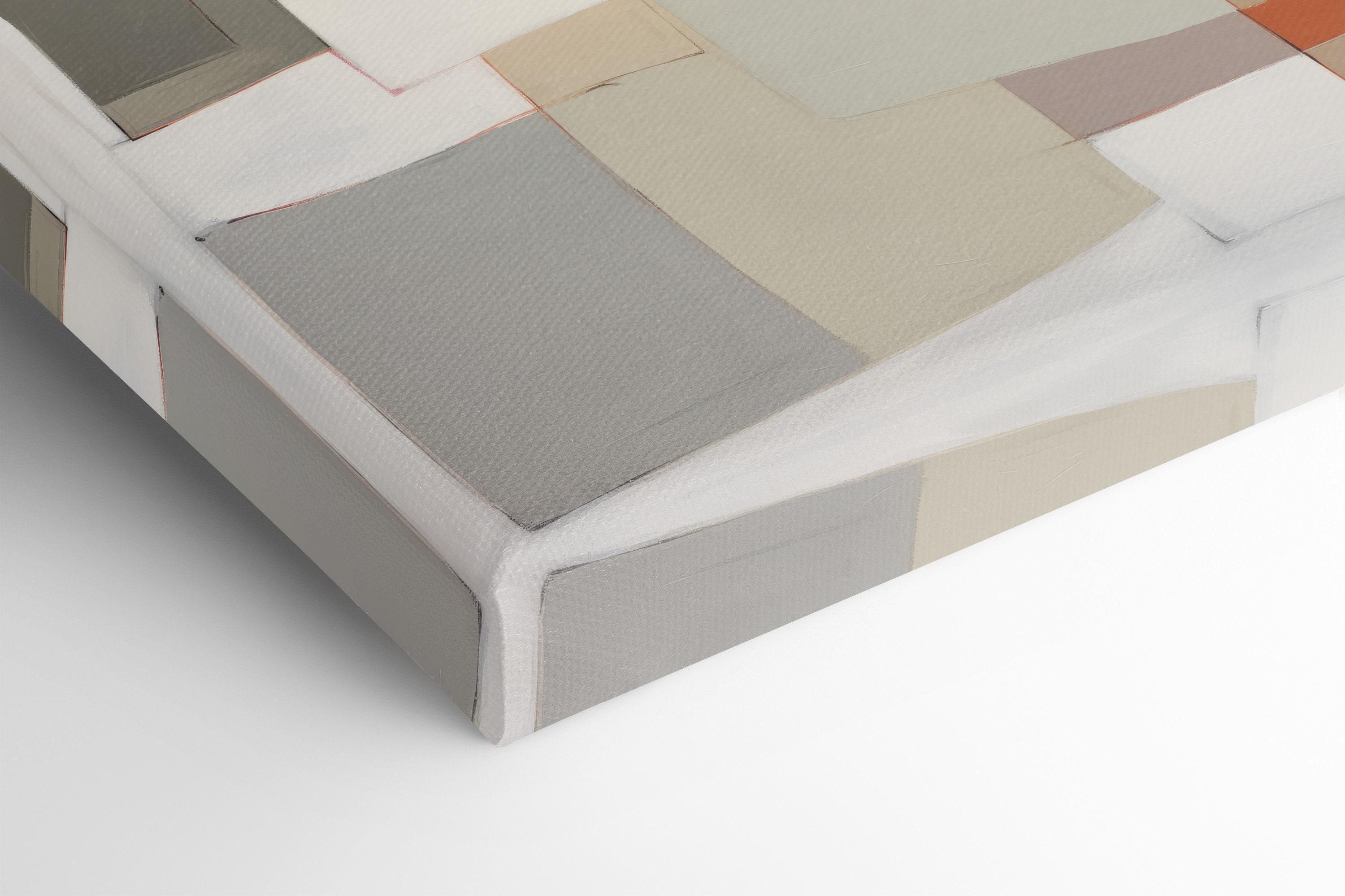 Neutral geometric abstract artwork with layered rectangles in cream, sage green and terracotta accents detail view