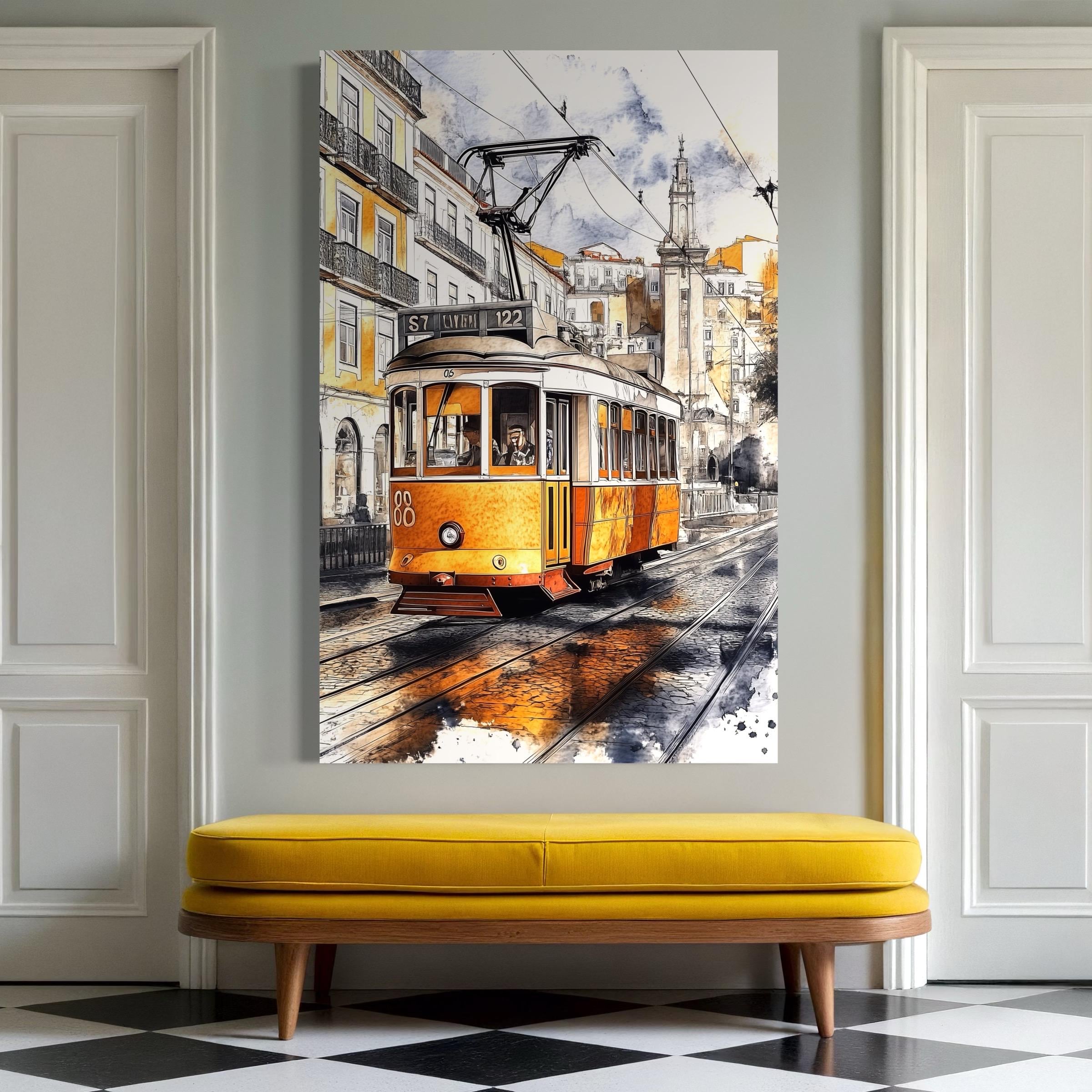 Artwork of a yellow tram cityscape hanging above chairs and a table in a bright room