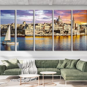 Valletta Malta Canvas Print – Stunning Mediterranean Wall Art, Coastal Cityscape Artwork, Sunset Harbor Scene for Living Room Decor