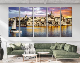 Valletta Malta Canvas Print – Stunning Mediterranean Wall Art, Coastal Cityscape Artwork, Sunset Harbor Scene for Living Room Decor