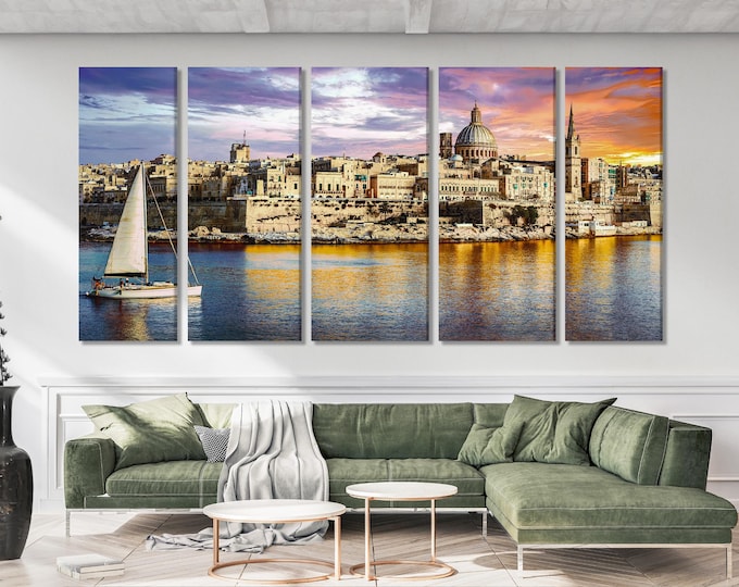 Valletta Malta Canvas Print – Stunning Mediterranean Wall Art, Coastal Cityscape Artwork, Sunset Harbor Scene for Living Room Decor