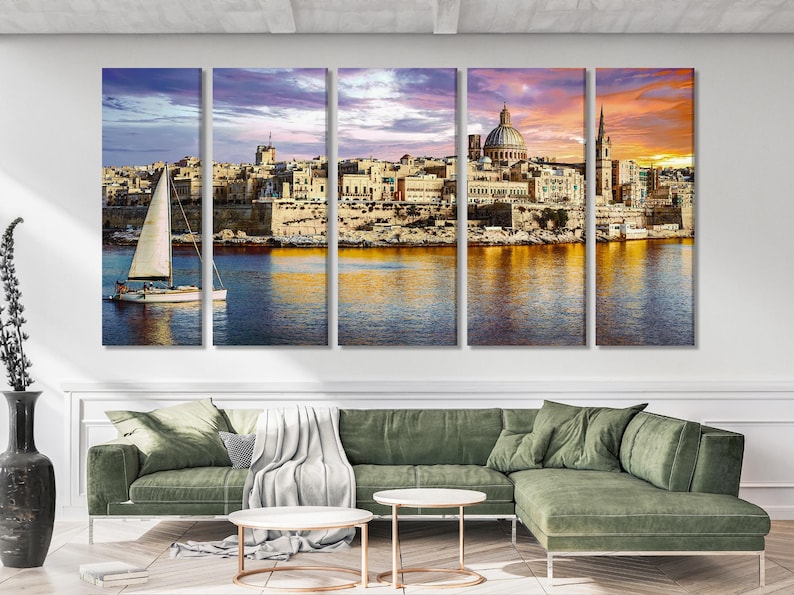 Five-panel coastal cityscape at sunset with a sailboat, domed building and church spire over calm water