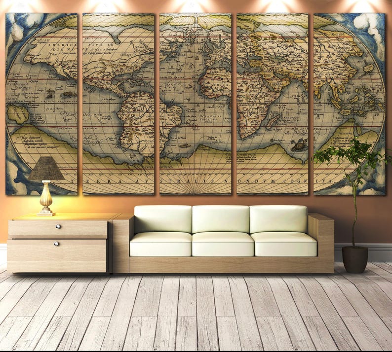 Five-panel vintage world map artwork shows antique-style coastlines, longitude lines and compass-like rays in muted parchment tones with blue-green
