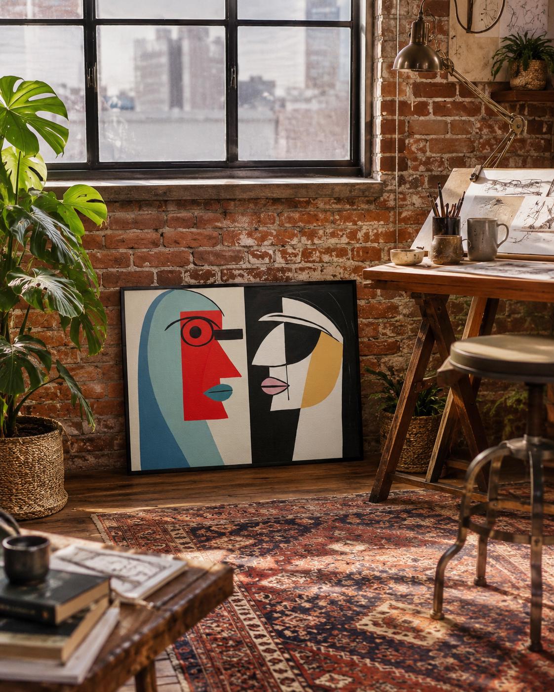 A geometric, cubist-style couple of abstract faces sits within a two-panel composition, using bold red, teal, black and white with warm ochre accents