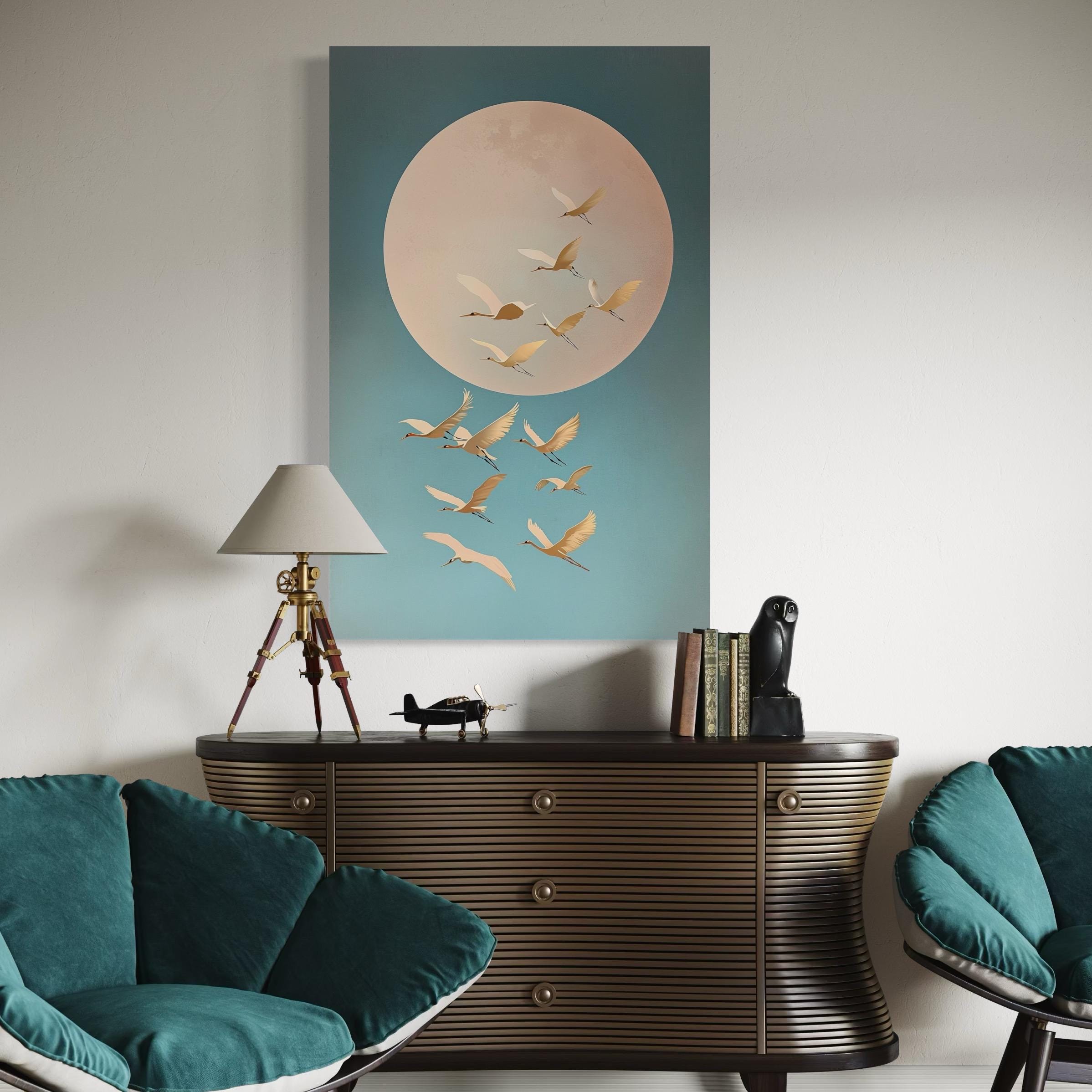 Room mockup showing a wall hanging with birds in flight around a pale moon