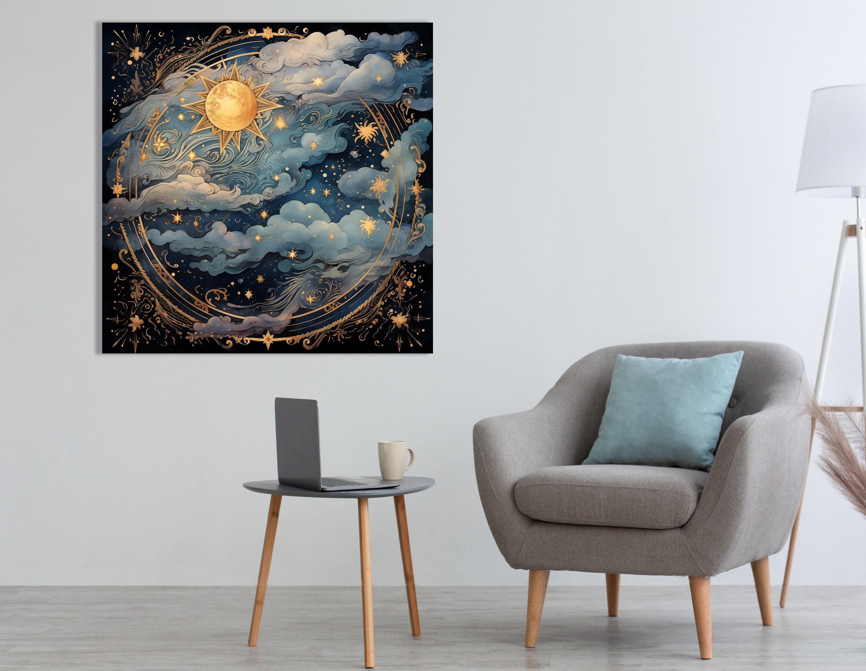Celestial sun and moon scene with swirling clouds, stars, and gold filigree on a dark navy background detail view
