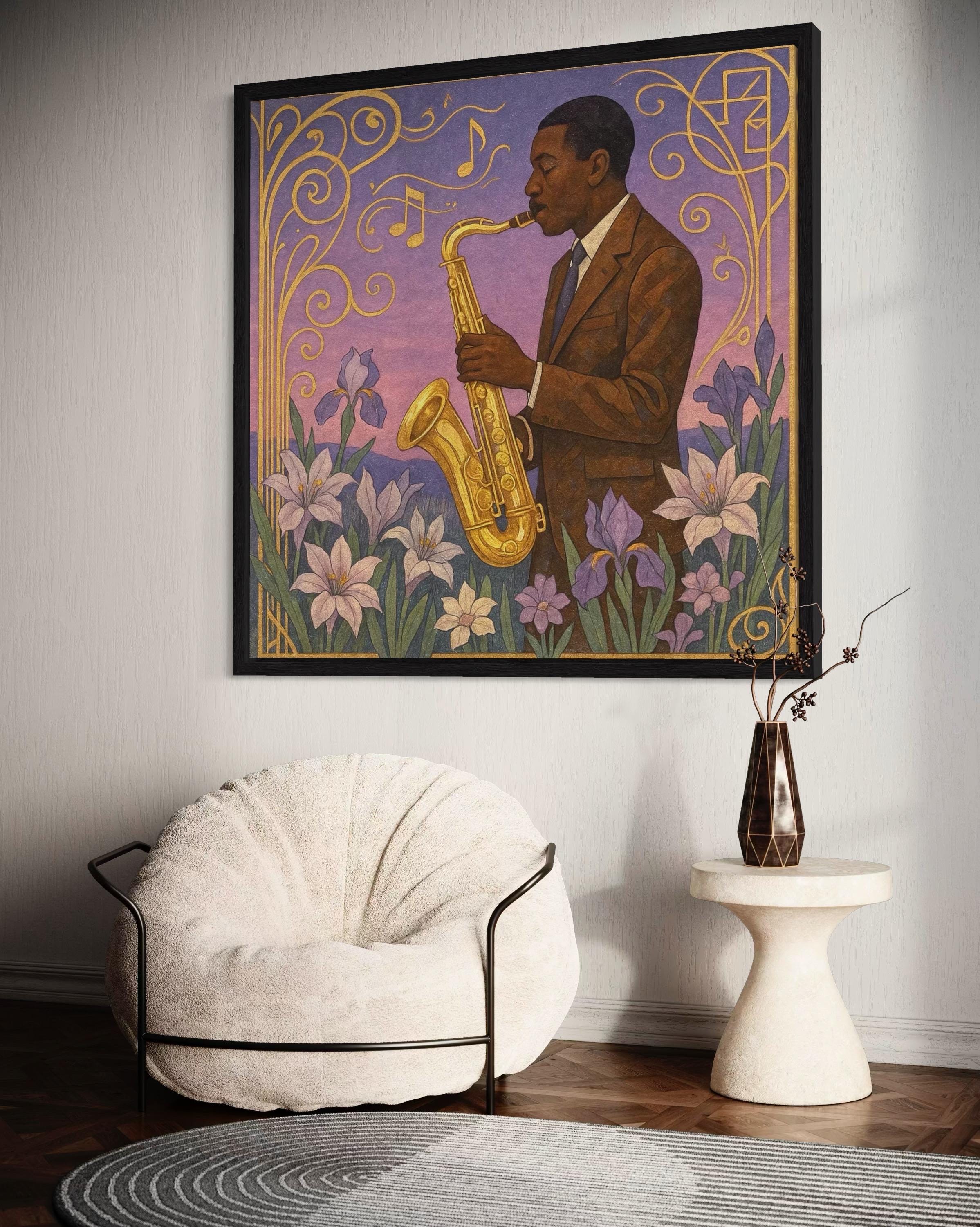 Framed saxophonist wall artwork displayed in a modern interior with marble fireplace surround