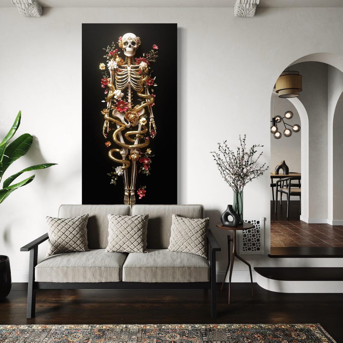 Artwork of a gothic floral skeleton with gold serpent coils shown on a dark background panel above a table and lamp