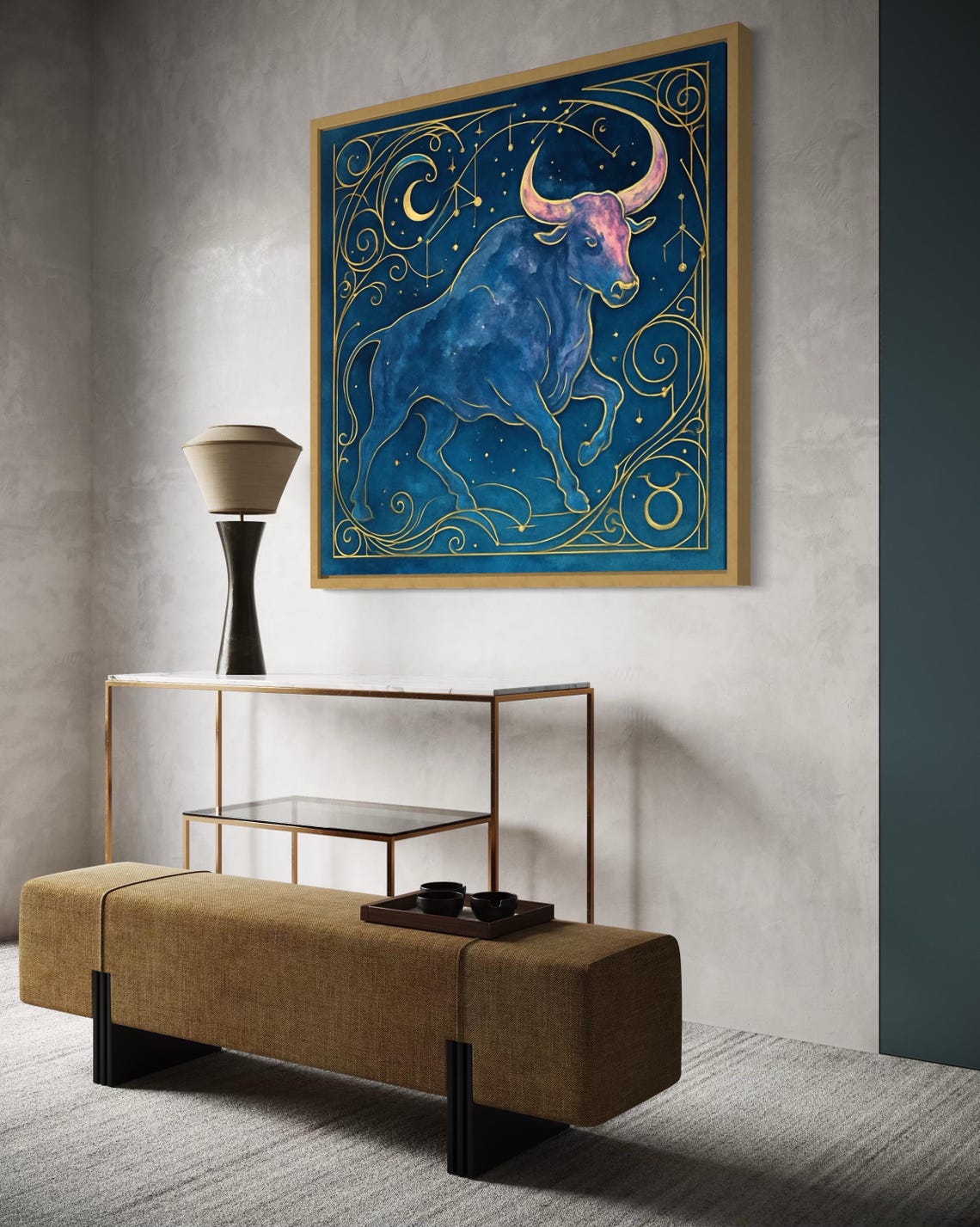 Stylised blue bull beneath a crescent moon with star dots, constellation lines, and ornate gold swirls detail view