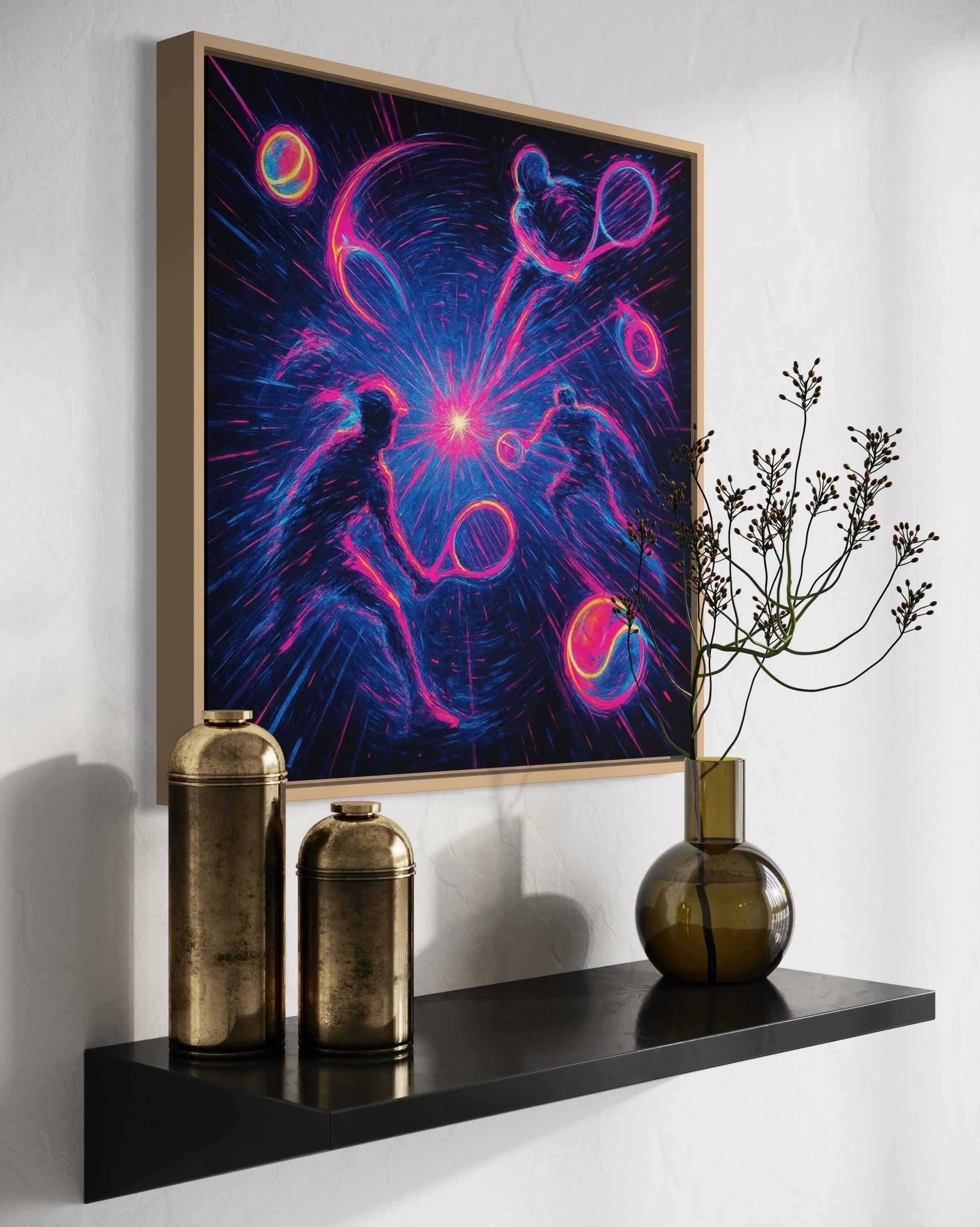 Neon tennis artwork with two silhouetted players facing a bright pink and blue starburst detail view