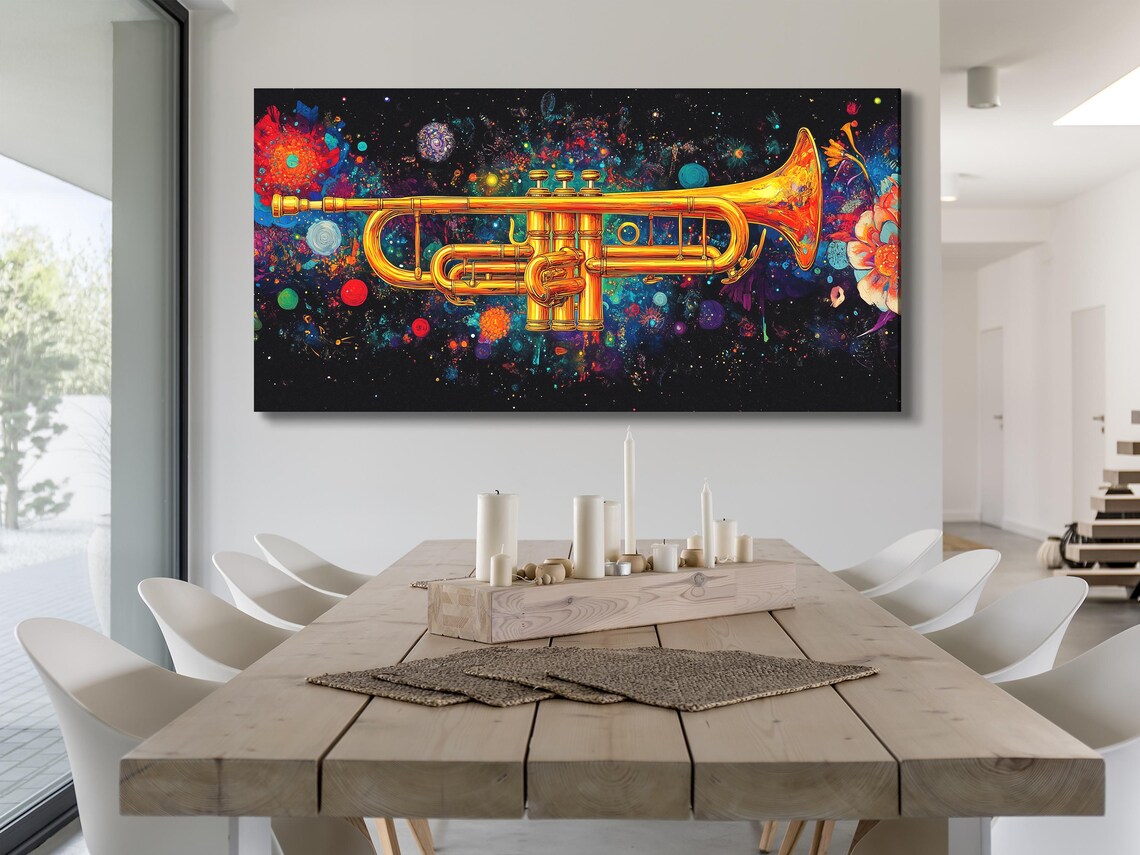 Golden trumpet in a dark cosmic scene with neon blue, pink and red splashes and stars detail view