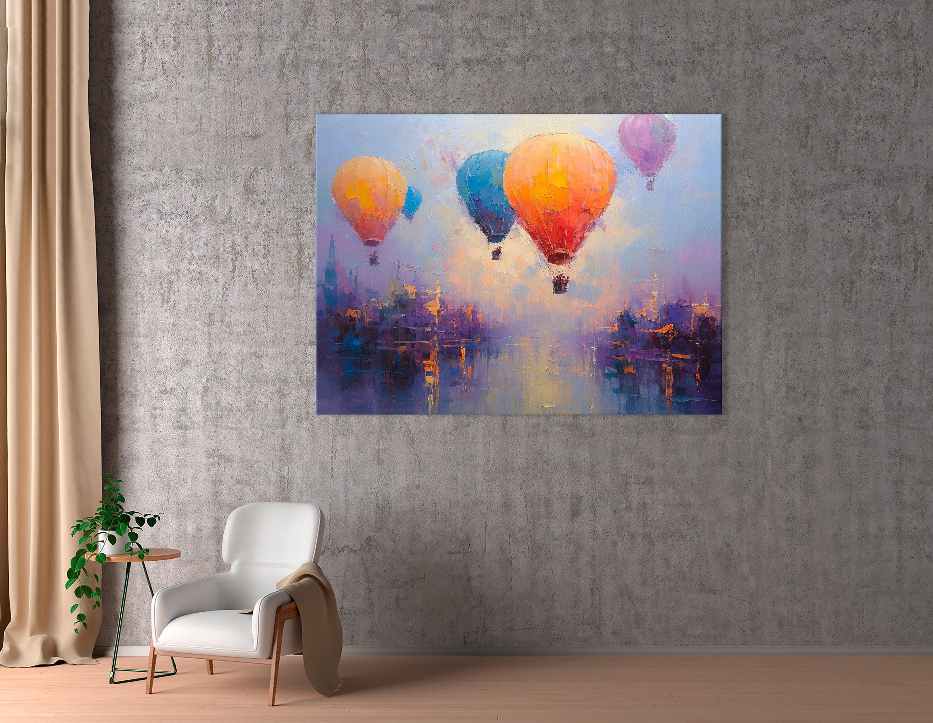 Three colourful hot air balloons floating above a stylised city at sunset detail view