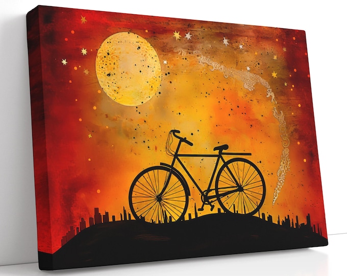 Bicycle Silhouette Canvas Art – Urban Moonlit City in Sunset Orange and Amber Gold, Celestial Wall Decor for Living Room, Gift for Cyclist