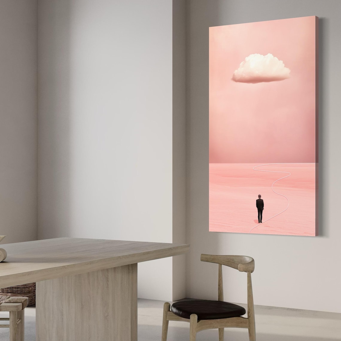 Room mockup showing blush pink cloud artwork above two red armchairs