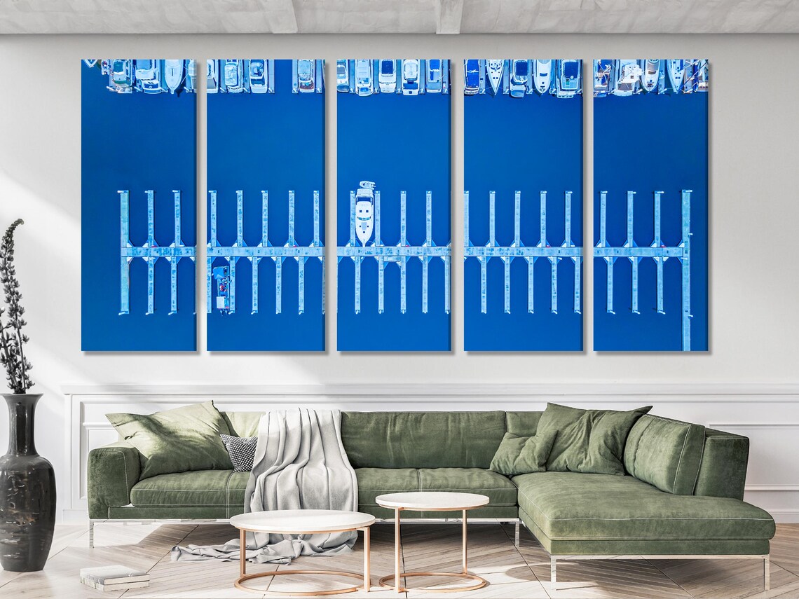 Dining room mockup with a blue marina harbour artwork above a table