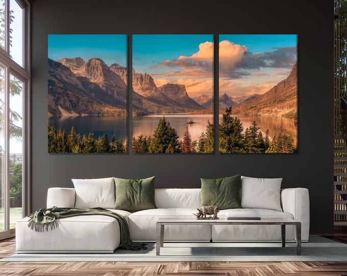 Glacier National Park Canvas Print – Majestic Mountain Landscape Wall Art for Living Room or Dining Room Decor