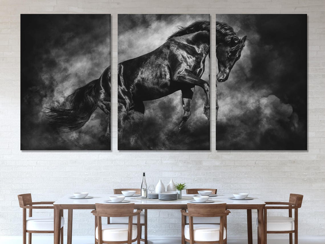 A bedroom mockup with a large black horse artwork on the wall above a sofa bed