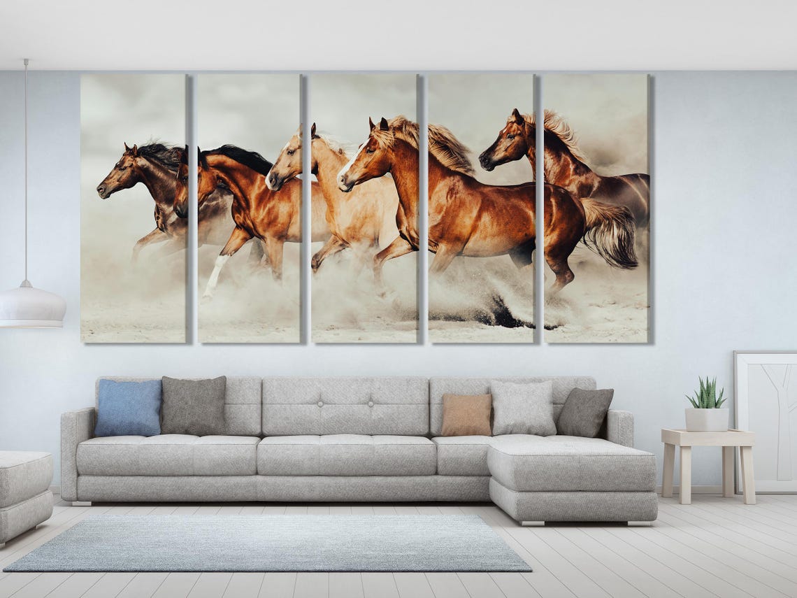 Living room mockup with a large horse artwork above a sofa