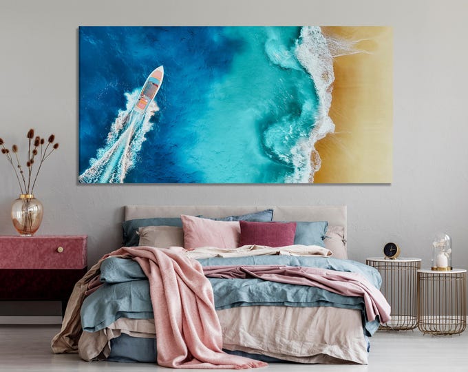 Nusa Penida Island Aerial Canvas Print, Fast Boat Coastal Wall Art, Large Ocean Panorama Artwork, Luxury Boat Scene, Indonesian Island Decor