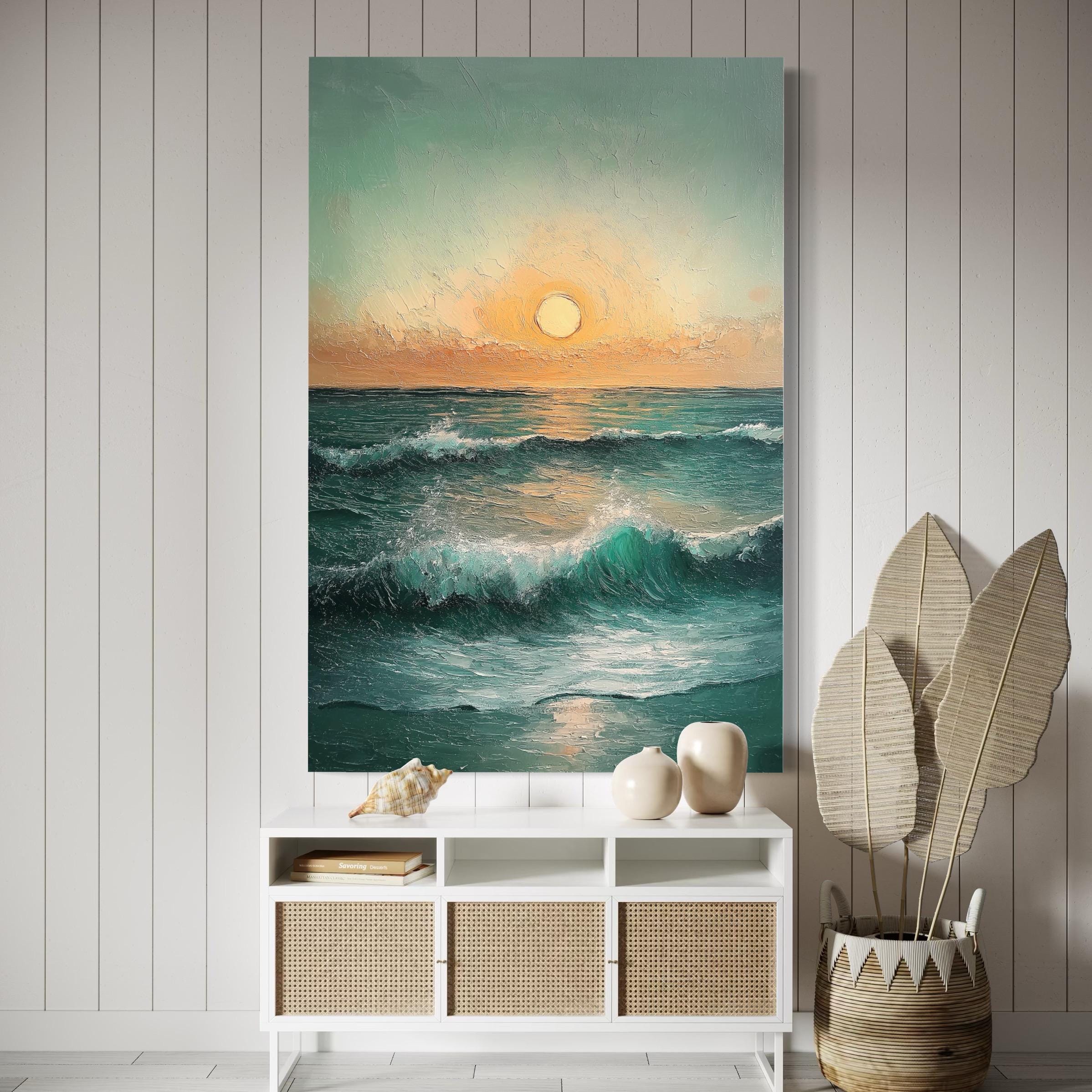 Ocean sunset seascape artwork displayed in an outdoor patio setting with seating