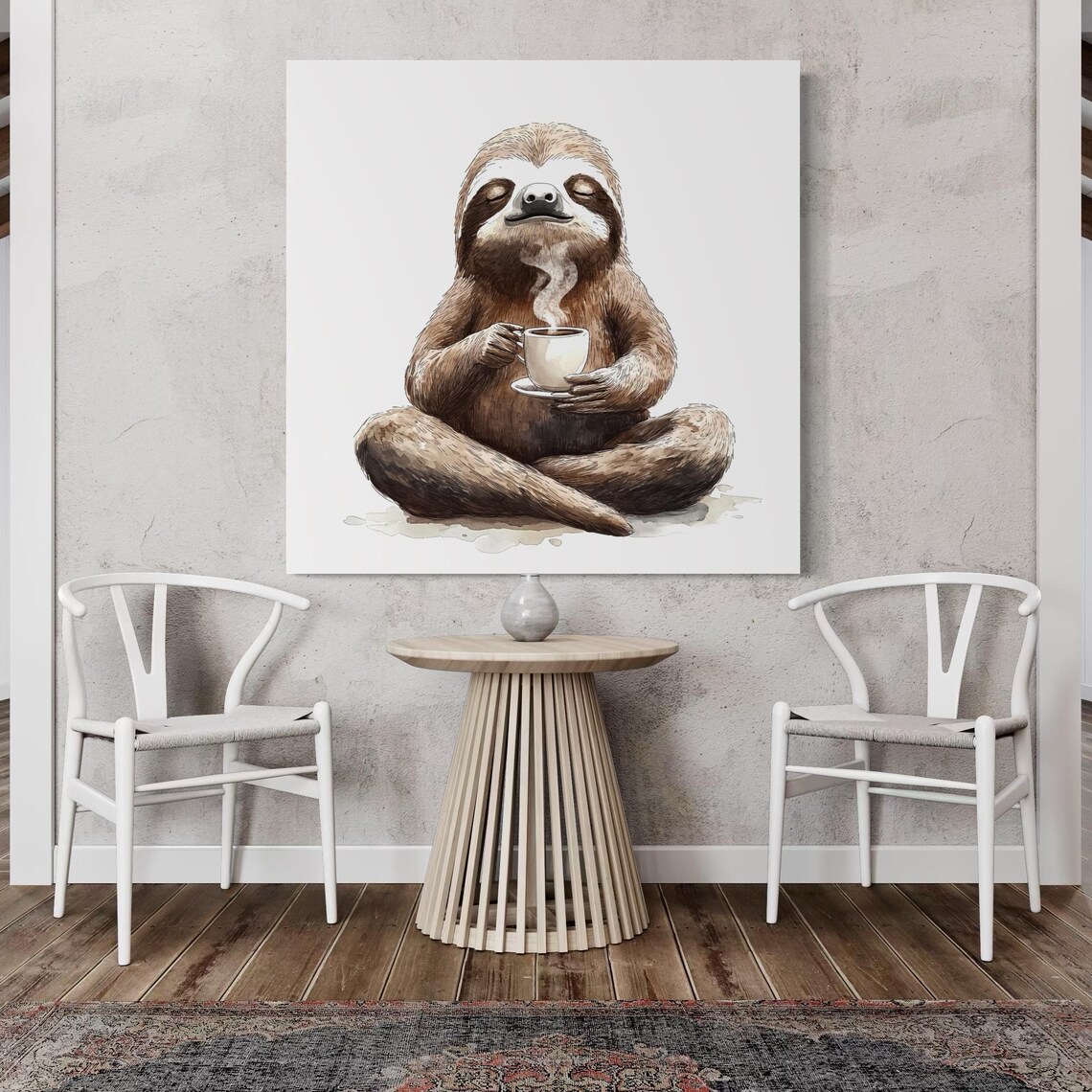 Illustration of a sloth holding a cup of coffee with steam, in warm brown and cream tones on a light grey background detail view