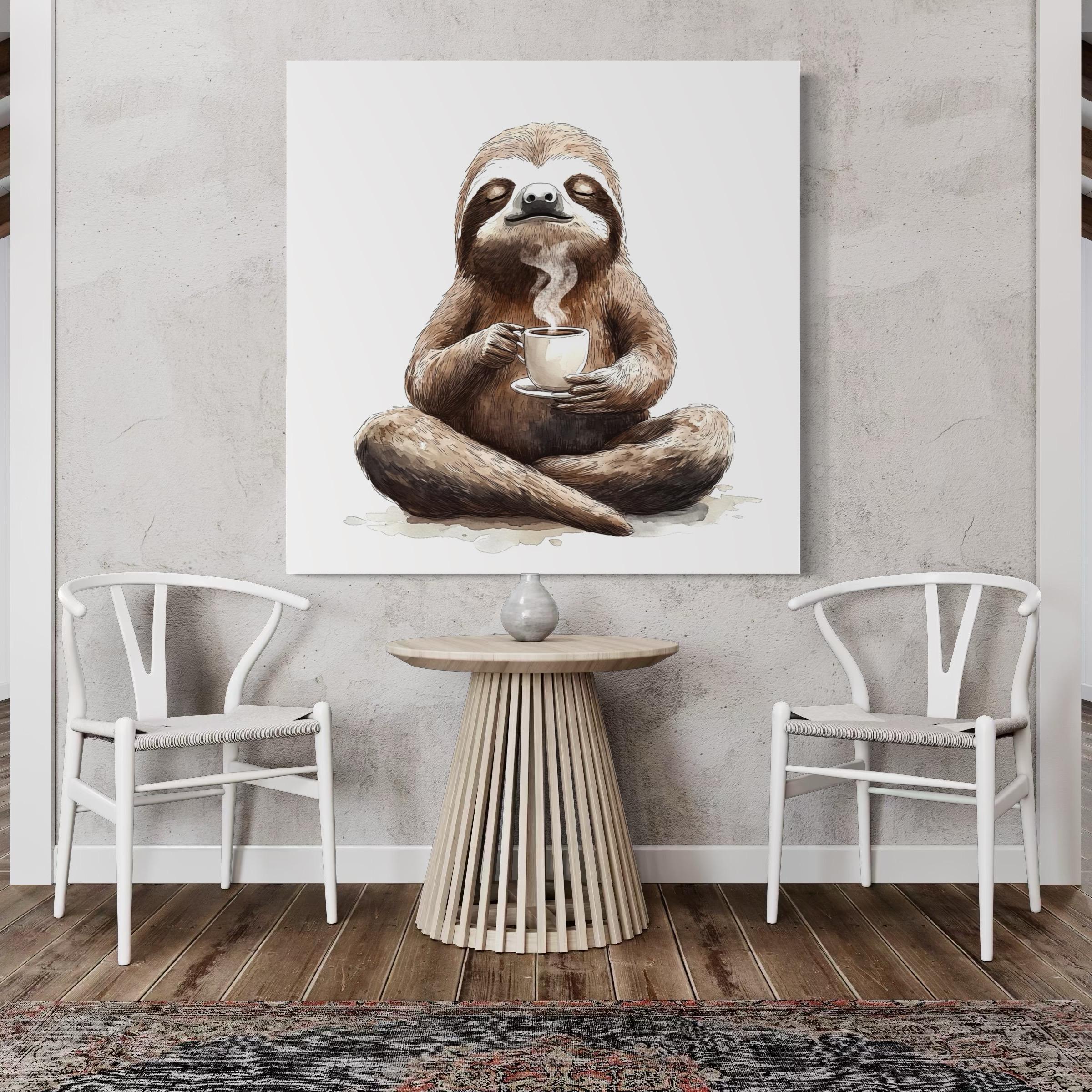 Illustration of a sloth holding a cup of coffee with steam, in warm brown and cream tones on a light grey background detail view