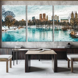 Winter in Central Park Canvas Print, Snowy New York City Landscape Art, Frozen Lake Art, Large Manhattan Wall Decor NYC Skyline Winter Print