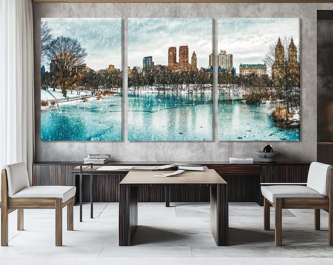 Winter in Central Park Canvas Print, Snowy New York City Landscape Art, Frozen Lake Art, Large Manhattan Wall Decor NYC Skyline Winter Print