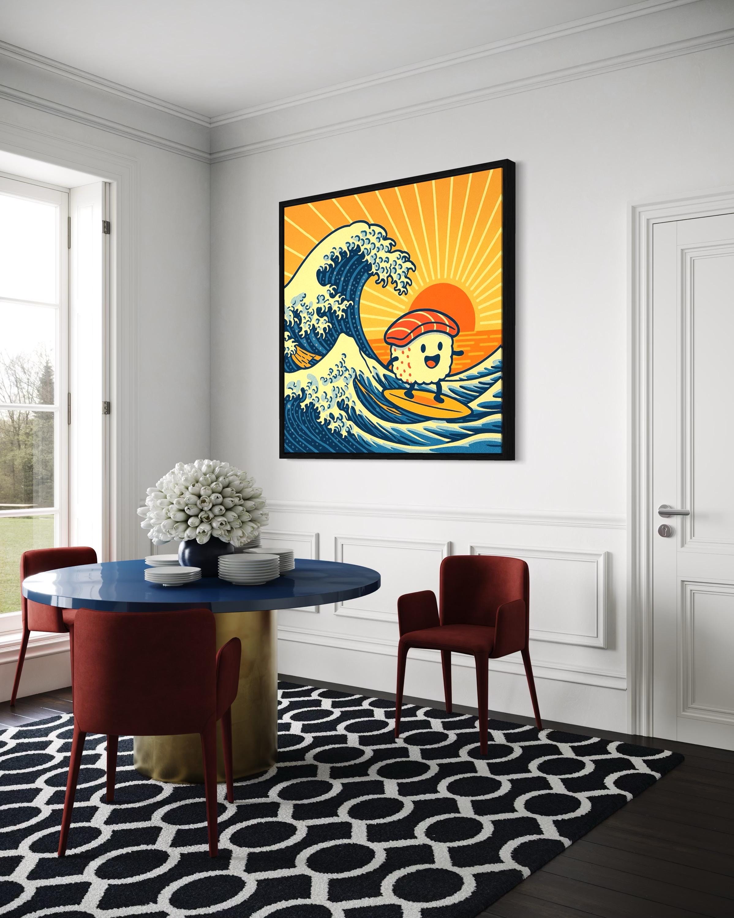 Artwork above a round table in a room setting