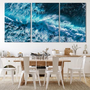 Aerial Ocean Art - Waves Wall Art, Coastal Beach Themed Artwork - Extra Large Blue Sea Canvas Print for Nautical Living Room or Office Decor