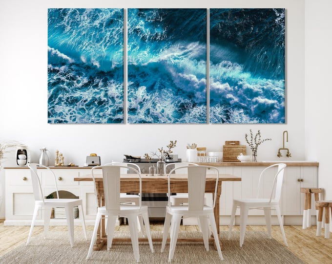 Aerial Ocean Art - Waves Wall Art, Coastal Beach Themed Artwork - Extra Large Blue Sea Canvas Print for Nautical Living Room or Office Decor